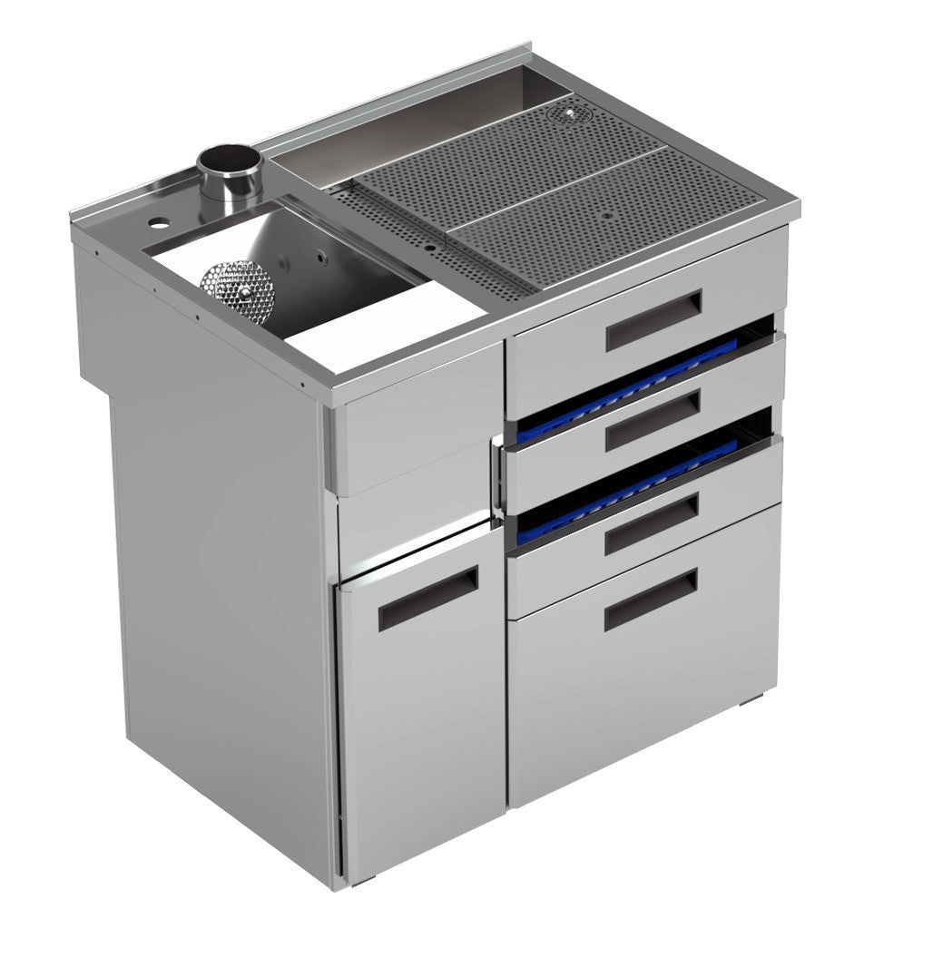 Vitrum bar sink module PL/SM.S.N.3-09 with left-side glass rinser, bottle container and four drawers