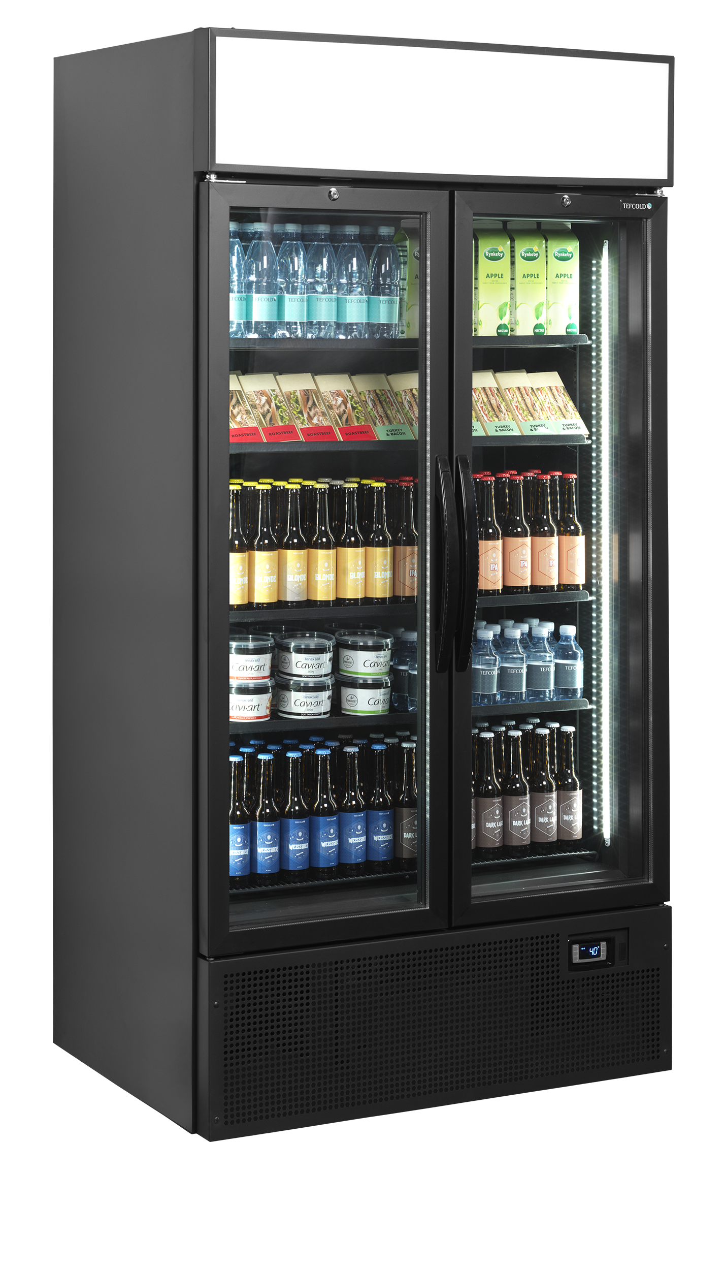 Black 2-door display cooler with canopy, 524L, +2/+10°C