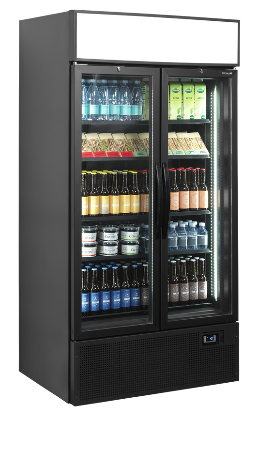 Black 2-door display cooler with canopy, 524L, +2/+10°C