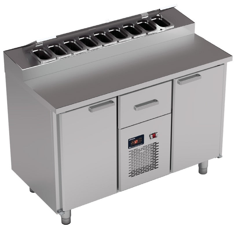 Vitrum saladette table CTP12.1.MD.3 with GN 1/9 topping rail, door and drawers