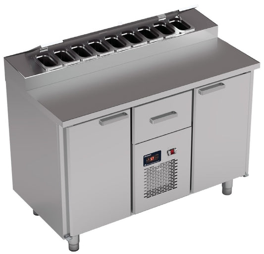 Vitrum saladette table CTP12.1.MD.3 with GN 1/9 topping rail, door and drawers