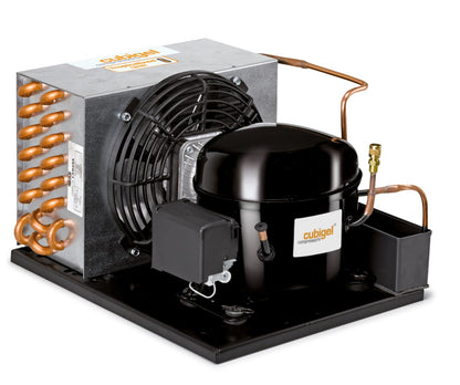Cubigel R290 condensing unit with Schrader charging valve, representative photograph