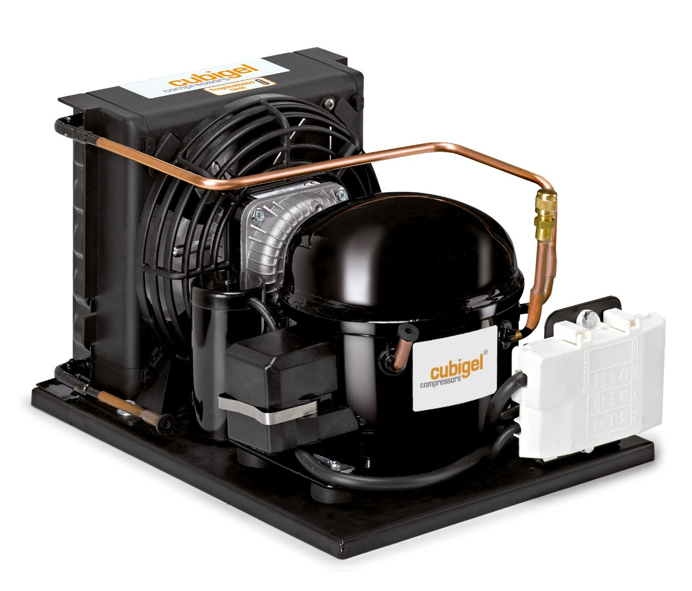 Compact Cubigel R290 condensing unit with external starting device, representative photograph