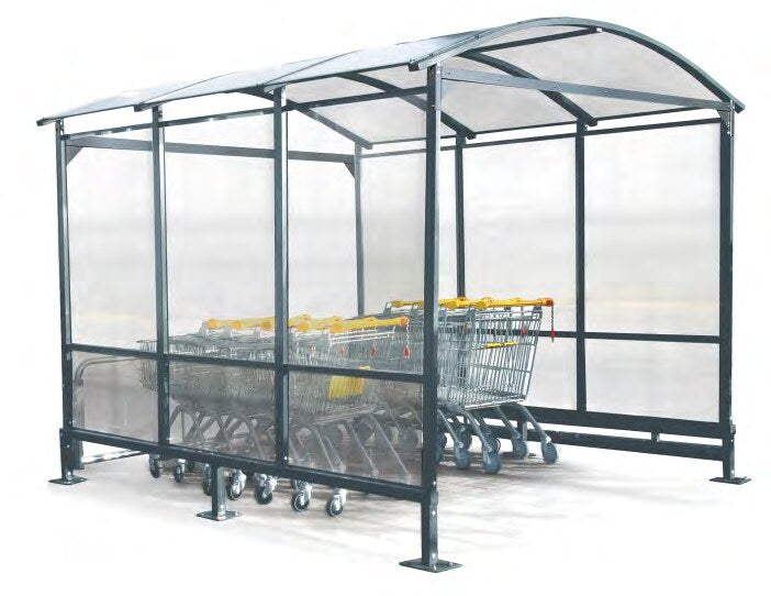 Damix Trolley Parking Shelter EURO-T L-5000 — shelter in use with a row of trolleys