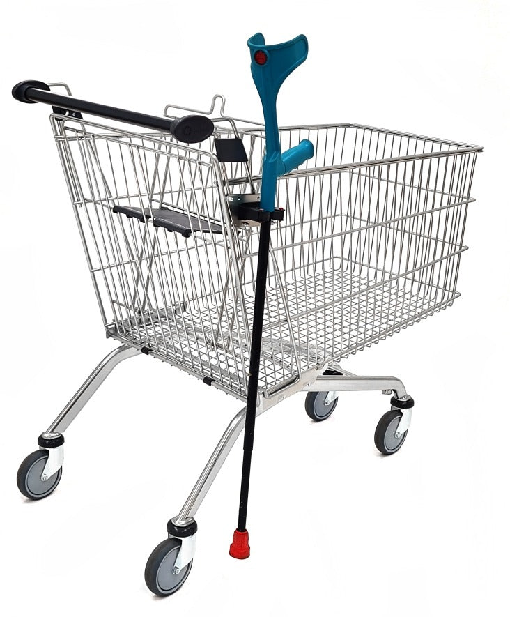 Damix Holder for Orthopedic Crutch, Trolley Mounted — crutch stowed in the holder on a trolley