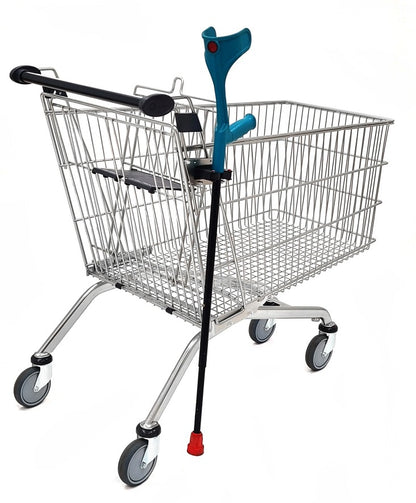Damix Holder for Orthopedic Crutch, Trolley Mounted — crutch stowed in the holder on a trolley