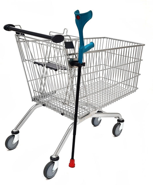Damix Holder for Orthopedic Crutch, Trolley Mounted — crutch stowed in the holder on a trolley