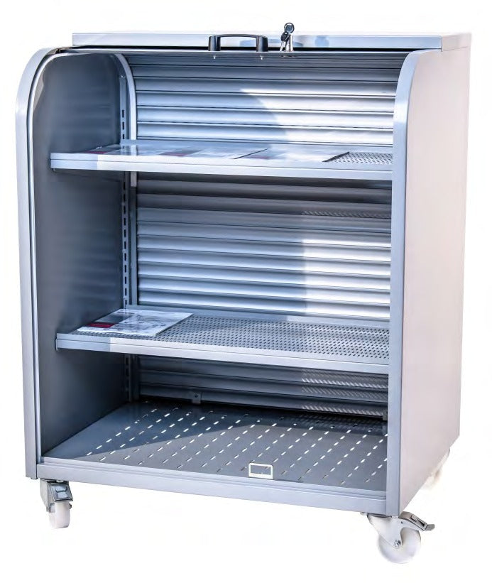 Damix Outdoor Gondola with Roller Shutter — gondola open, showing shelves
