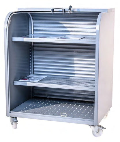 Damix Outdoor Gondola with Roller Shutter — gondola open, showing shelves