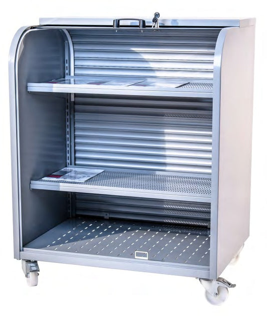 Damix Outdoor Gondola with Roller Shutter — gondola open, showing shelves