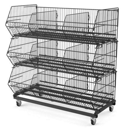 Damix Stacking Basket 1200x600 H-365, 100 kg — three baskets stacked on a movable base