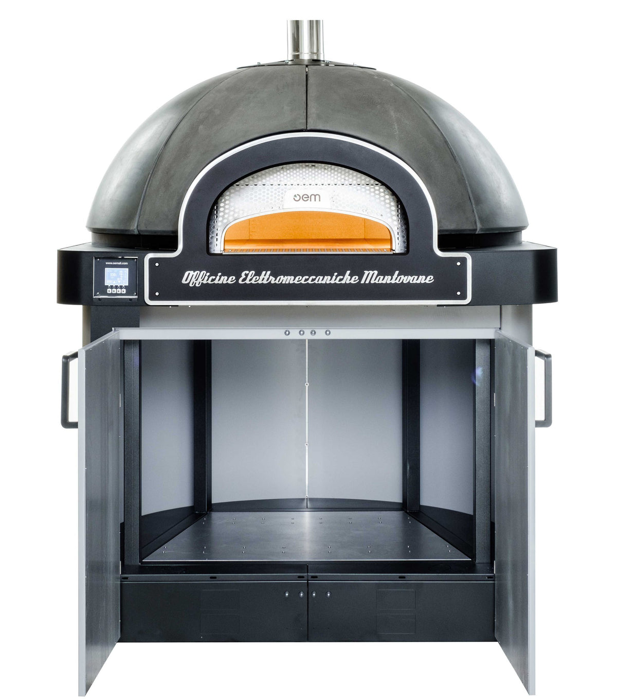 OEM DOME electric pizza oven, front view with base cabinet doors open