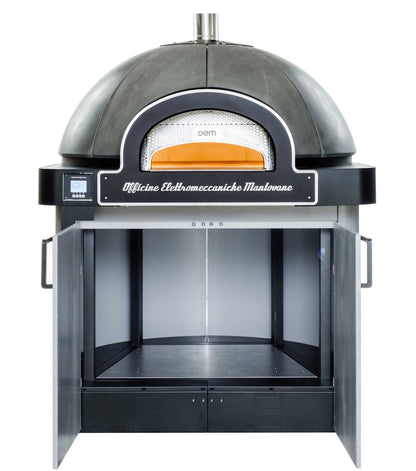 OEM DOME electric pizza oven, front view with base cabinet doors open