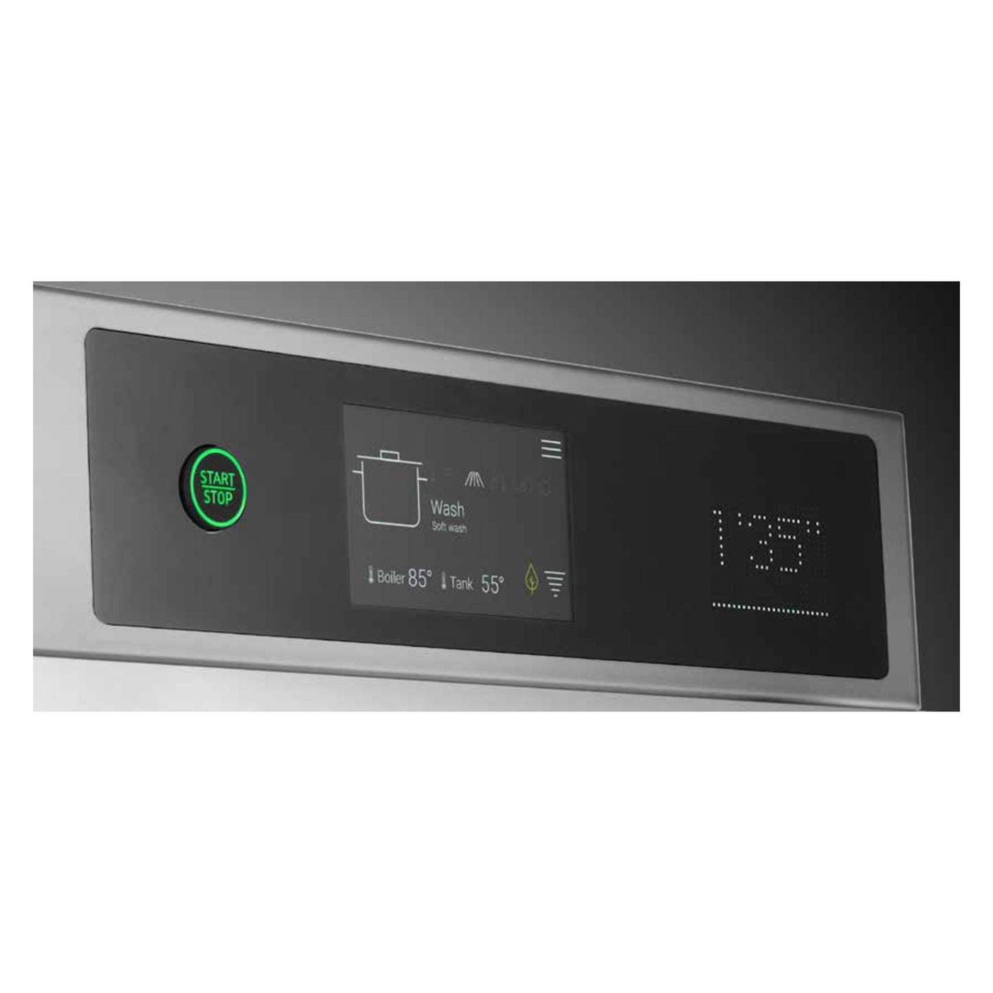 Elframo NEXA H500 4.3-inch touch display showing wash programme and live boiler and tank temperatures