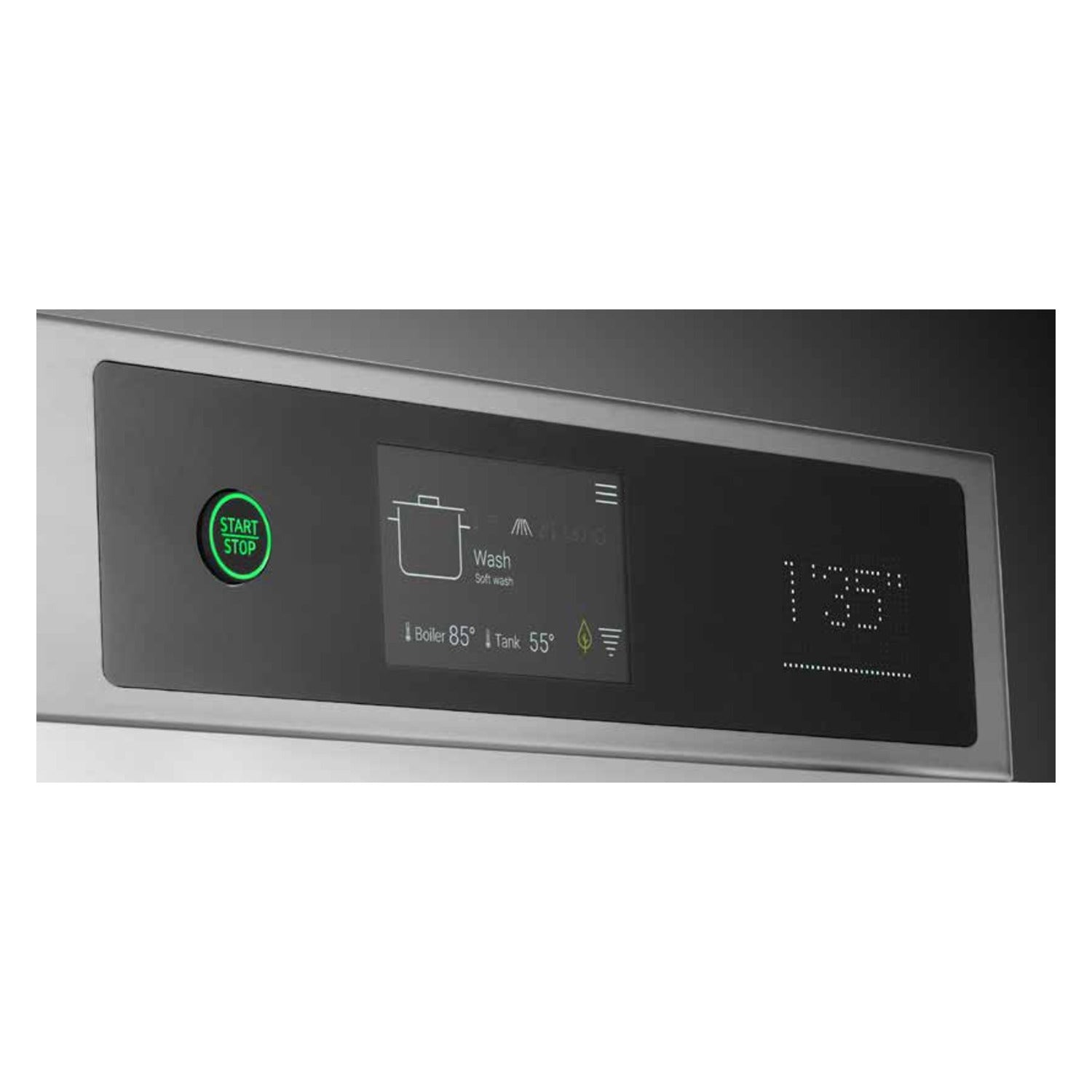 Elframo NEXA H500 4.3-inch touch display showing wash programme and live boiler and tank temperatures