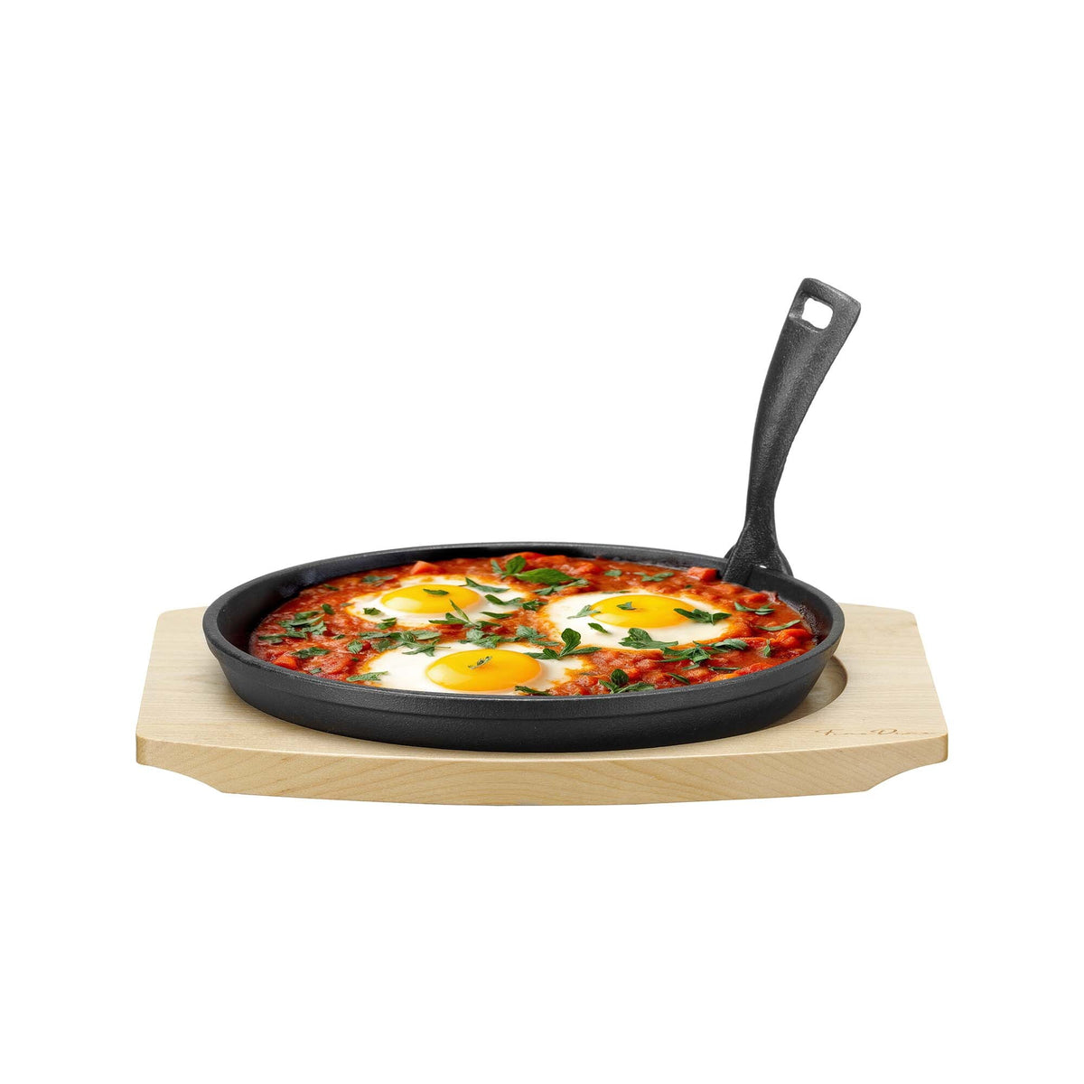 Cast iron serving pan Ø220mm with wooden base and handle, 270×230×(h)40 mm
