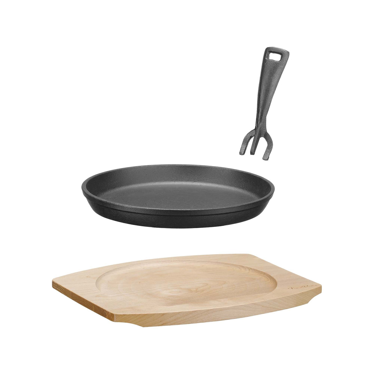 Cast iron serving pan Ø220mm with wooden base and handle, 270×230×(h)40 mm