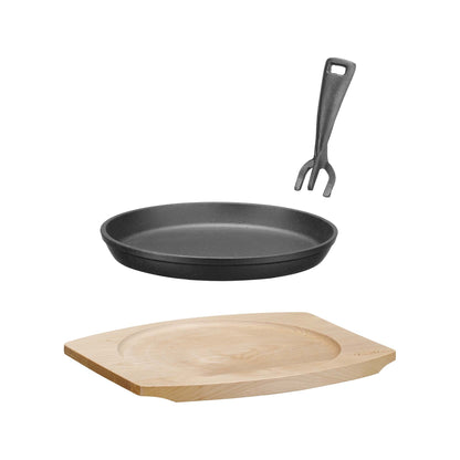 Cast iron serving pan Ø220mm with wooden base and handle, 270×230×(h)40 mm