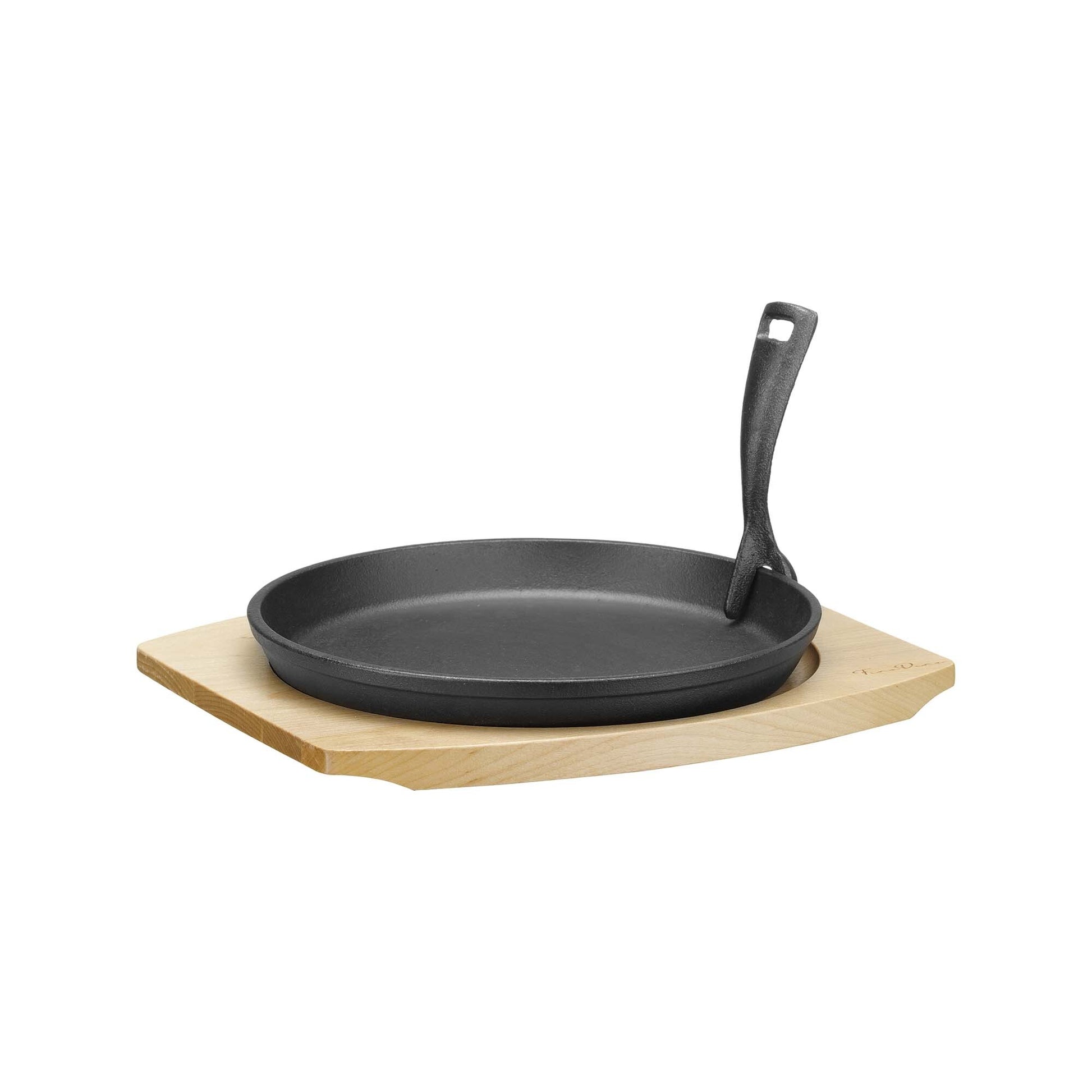 Cast iron serving pan Ø220mm with wooden base and handle, 270×230×(h)40 mm