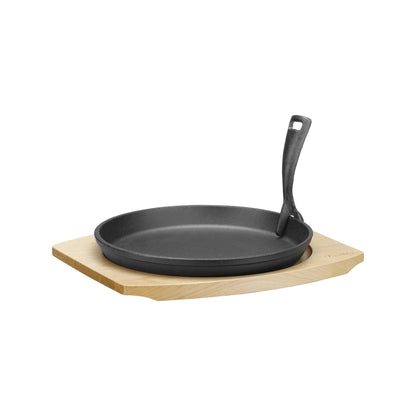 Cast iron serving pan Ø220mm with wooden base and handle, 270×230×(h)40 mm