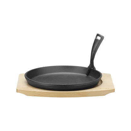 Cast iron serving pan Ø220mm with wooden base and handle, 270×230×(h)40 mm