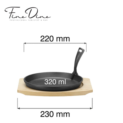 Cast iron serving pan Ø220mm with wooden base and handle, 270×230×(h)40 mm