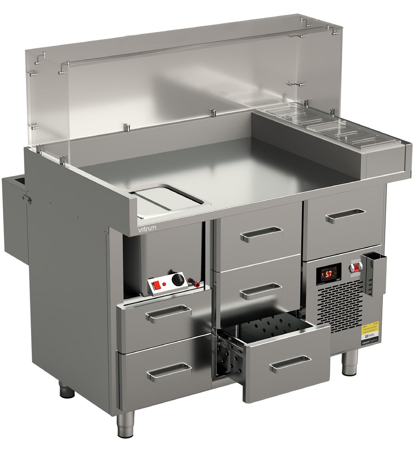 Vitrum hot dog station HDCT12.2S.3.MD.GN6_B with sausage warmer, sauce compartment and drawers