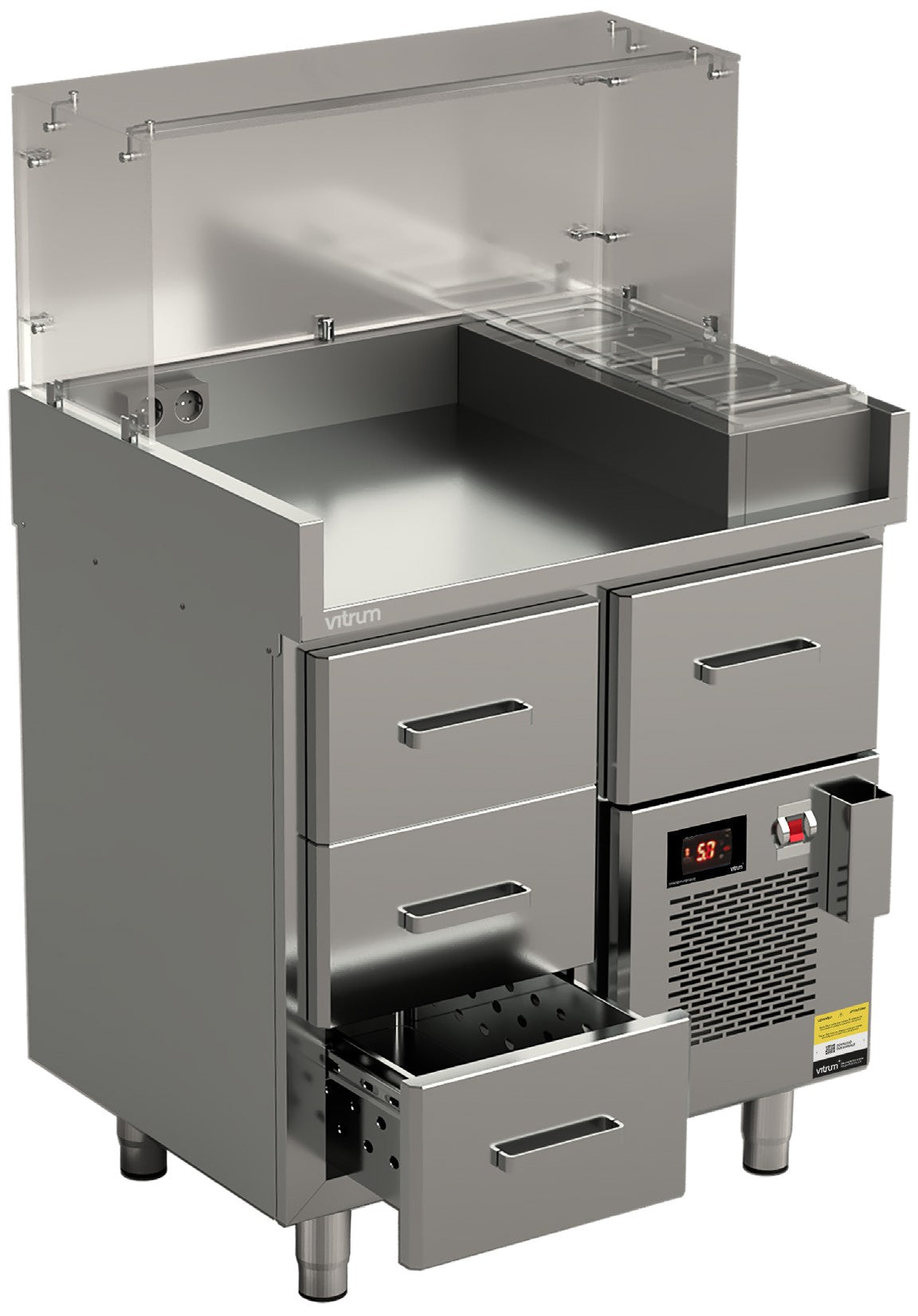 Vitrum hot dog station HDCT8.3.MD.5GN1_9 with glass canopy, GN 1/9 toppings and refrigerated drawers