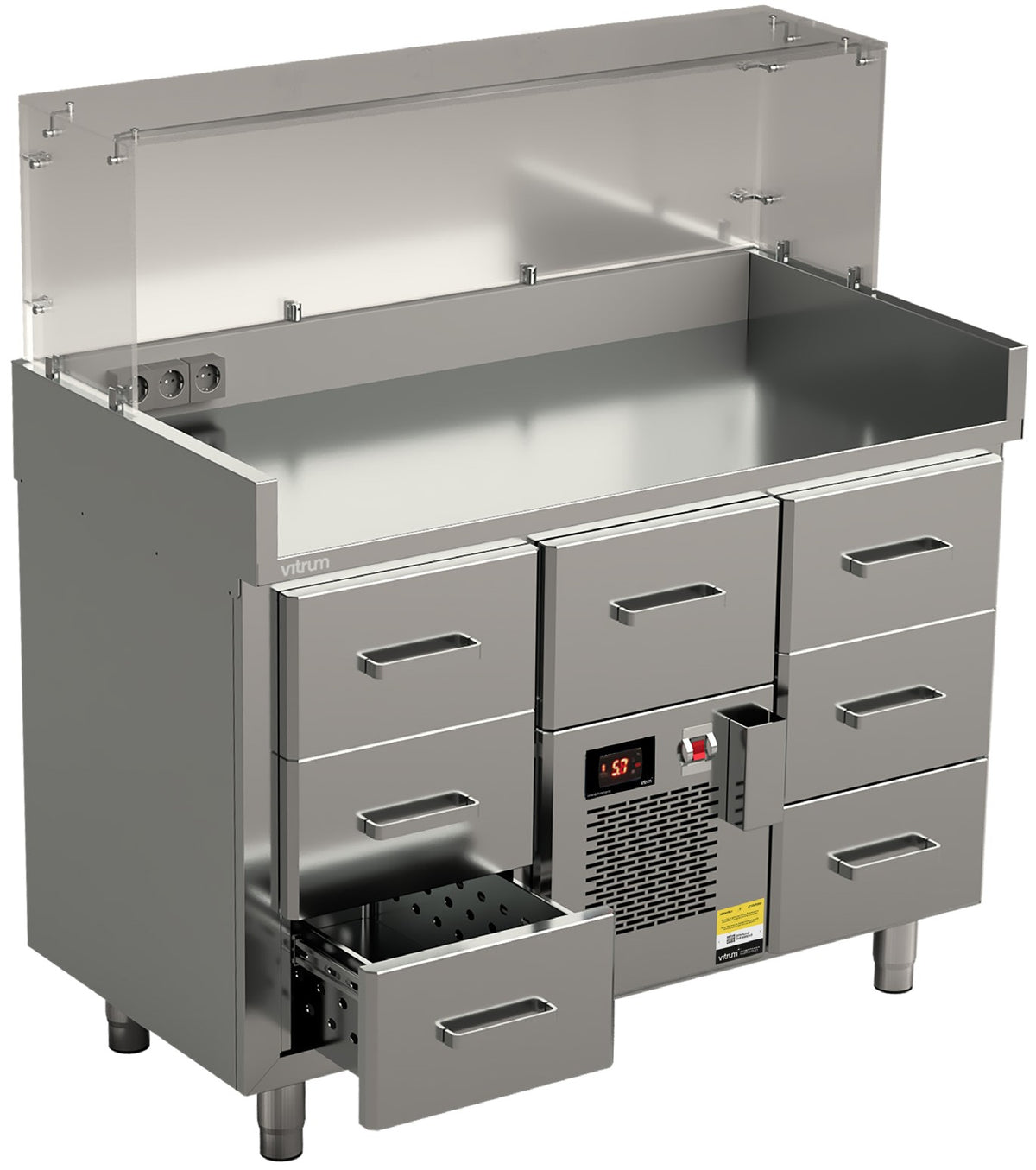 Vitrum hot dog station HDCT12.3.MD.3 with glass canopy and seven refrigerated GN 1/1 drawers