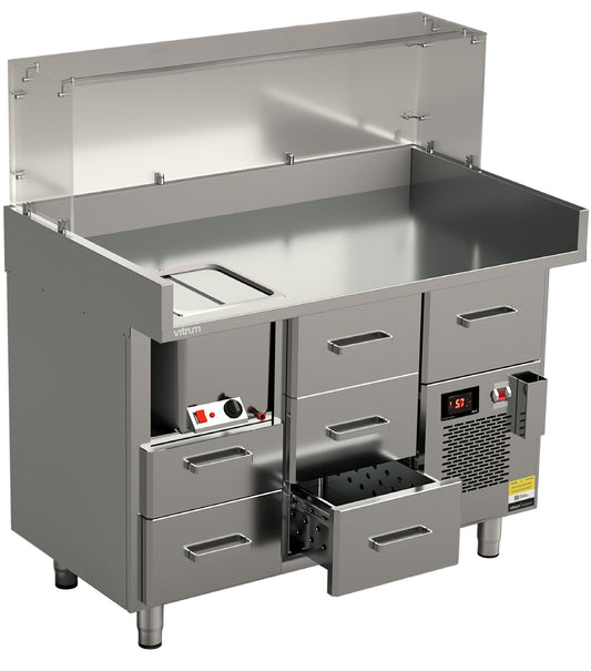 Vitrum hot dog station HDCT12.2S.3.MD with integrated sausage warmer and neutral drawers