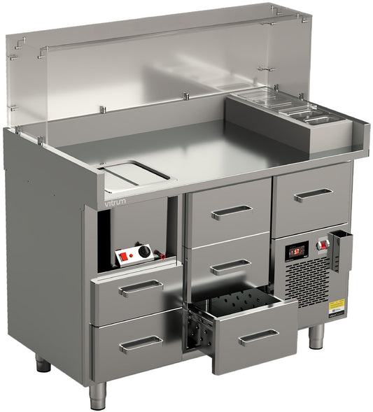 Vitrum hot dog station HDCTS12.2.3.MD.GN5 with sausage warmer and five GN 1/9 toppings