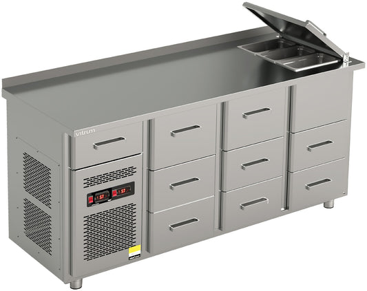 Vitrum burger station HUCT18.MD.3.3.2GN with lift-up cold well and refrigerated and freezer drawers