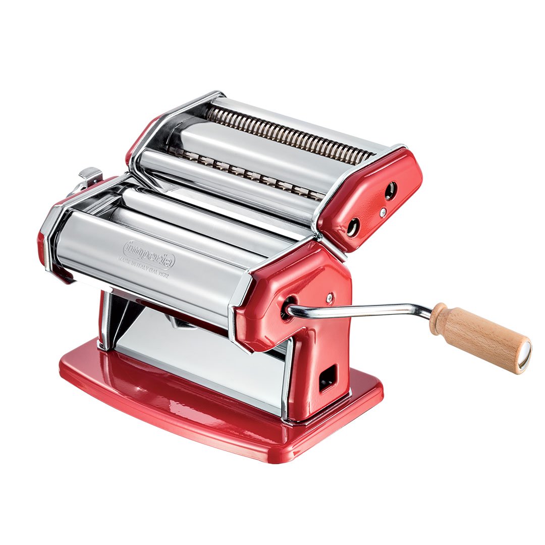 Imperia iPasta La Rossa manual pasta machine, red base, front view