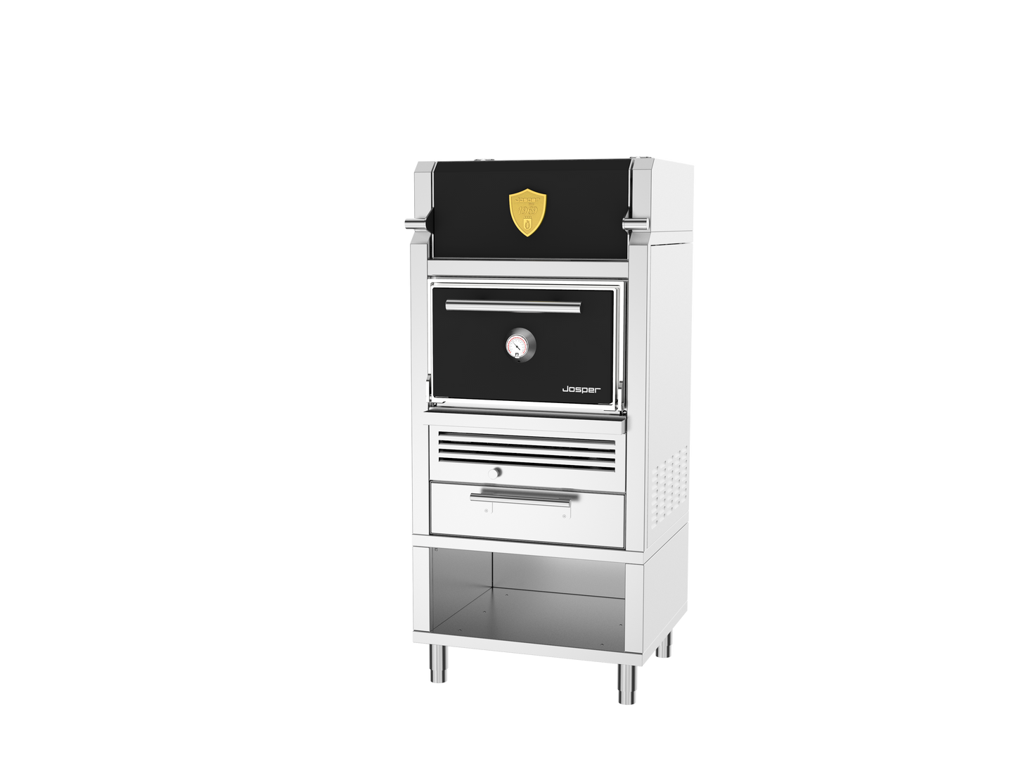 Josper HJA-PLUS-HCT S80 charcoal oven with warming cabinet and table base, shown in black and stainless steel