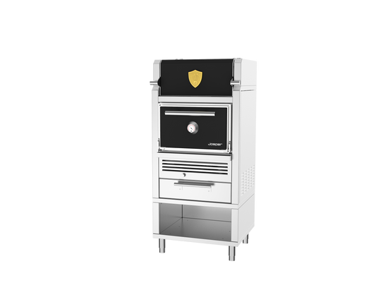 Josper HJA-PLUS-HCT S80 charcoal oven with warming cabinet and table base, shown in black and stainless steel