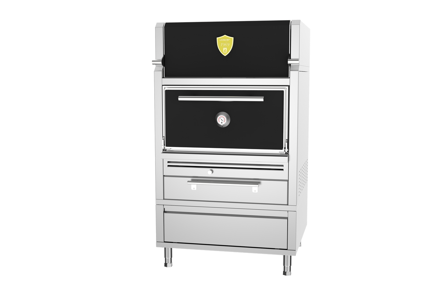 Josper HJA-PLUS-HCTD charcoal oven with warming cabinet, table and drawer. Josper supplies no render of the M120 size, so this photograph shows the L175, which shares the same 1040 mm width and 1830 mm depth.