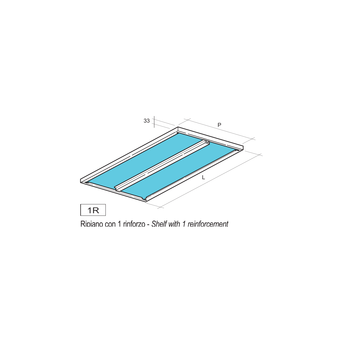 Reinforced shelf, type 1R, supplied with four hook clips — included in the bay