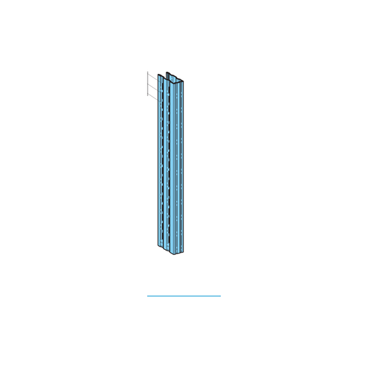 Slotted steel upright, 49 × 28 mm section with 25 mm slot pitch — included in the bay