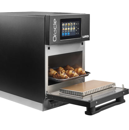 Lainox Oracle XS high speed oven, Black, open door with tray of croissants