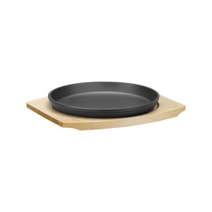 Cast iron serving pan Ø220mm with wooden base and handle, 270×230×(h)40 mm