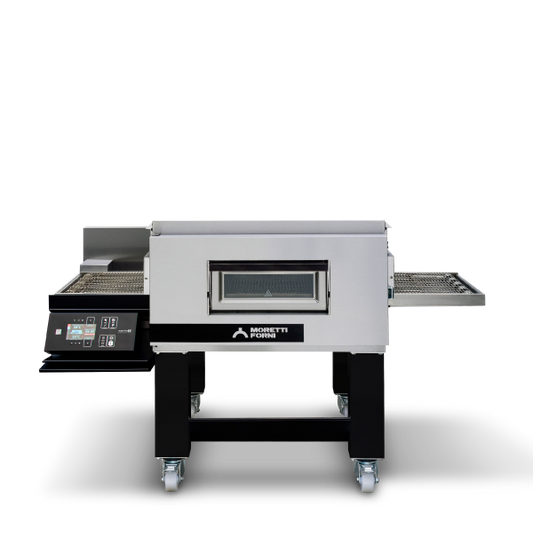 Moretti Forni T75E electric conveyor oven, front view on stand