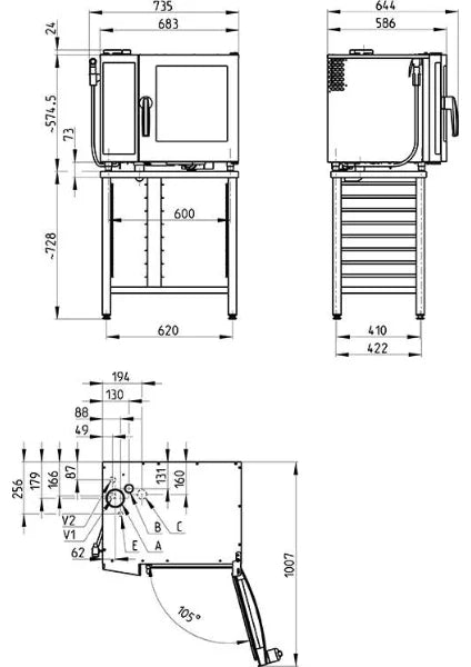 Retigo Orange Vision O 623 i+ combi oven, technical dimension drawing