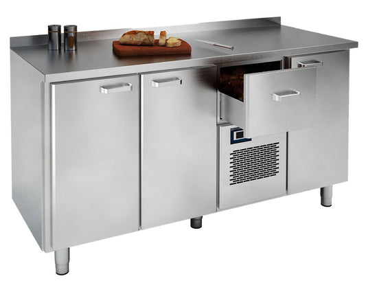 Vitrum cold table CT16.1.1.MD.1.B with two doors and a compressor drawer open