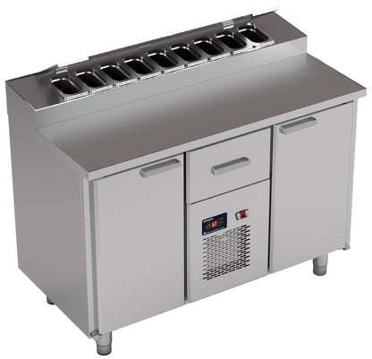 Vitrum saladette table CTP12.1.MD.1 with GN topping rail, two doors and a drawer