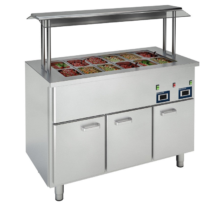 Vitrum hot bain-marie HTBM12.1-1.1-1.1-1.L with three doors and GN topping rail