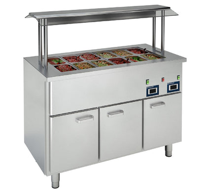 Vitrum hot bain-marie HTBM12.1-1.1-1.1-1.L with three doors and GN topping rail