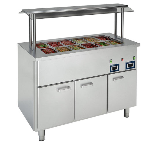Vitrum hot bain-marie HTBM12.1-1.1-1.1-1.L with three doors and GN topping rail